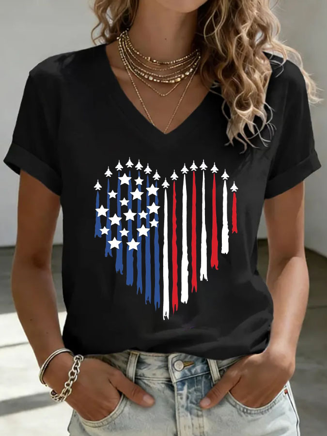 Women's Patriotic Jet Heart Printed Casual T-shirt