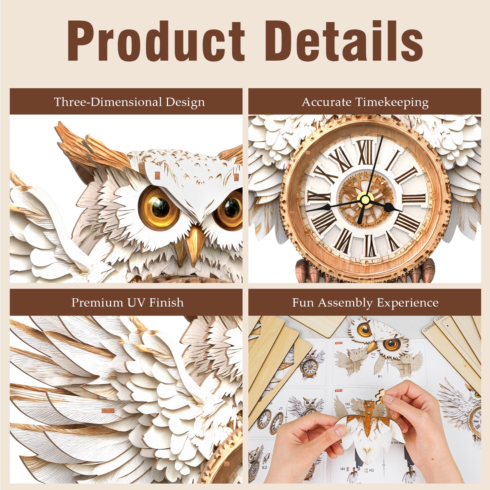 Snowy OwlDIY Wooden Clock, 3D Puzzle Craft Kit