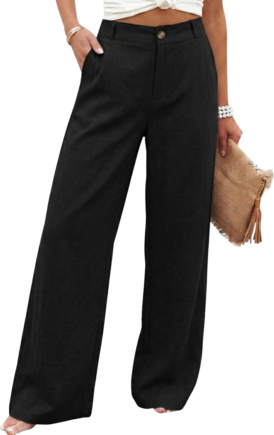 Womens Cotton Linen Pants Casual Button Up High Waisted Wide Leg Trousers