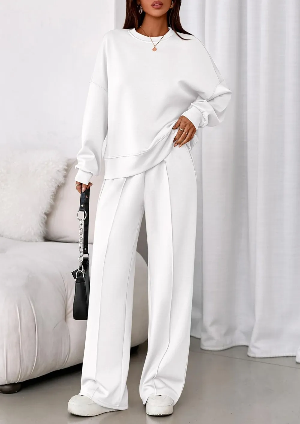 2 Piece Sets For Women Fall Trendy Long Sleeve Sweatshirt Wide Leg Pants Loungewear