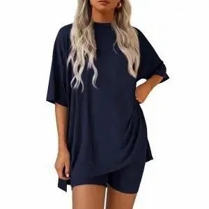 Crewneck Two-Piece Set For Women Summer Casual Oversized Split Hem Shirts & Side Pocket Biker Shorts