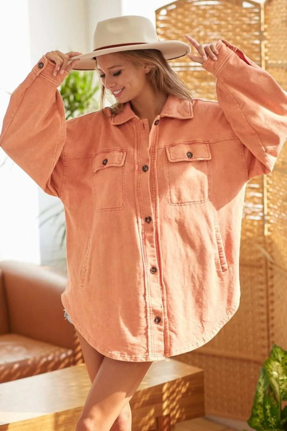 Washed Button Up Shacket with Chest Pockets