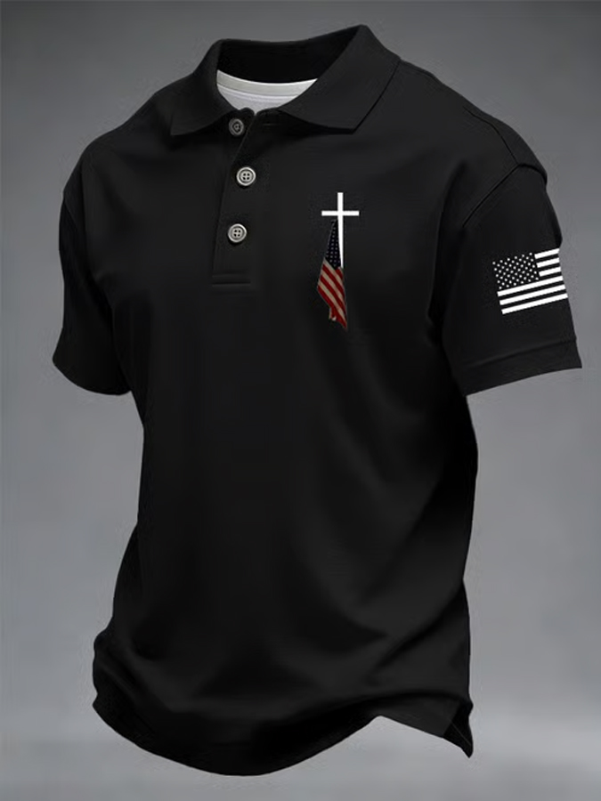 Men'S Flag Cross Printed Polo Shirt