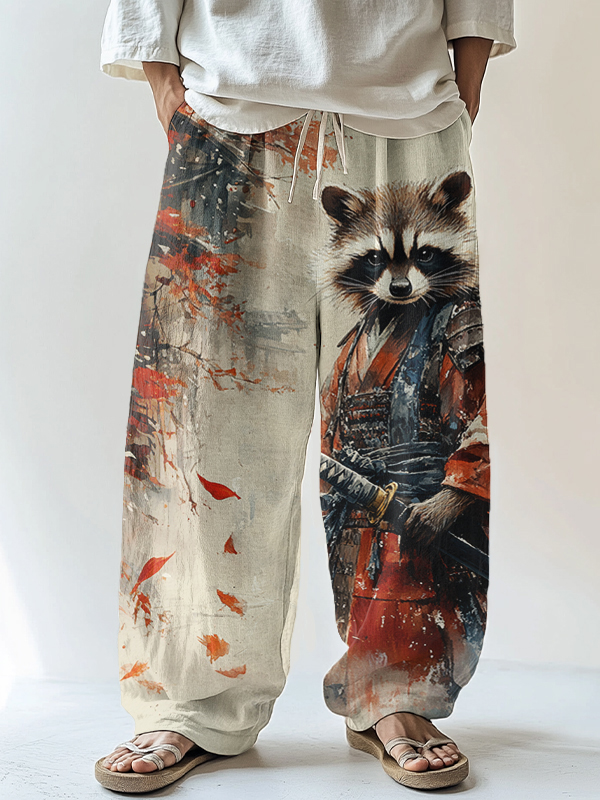 Men's Raccoon Warrior Watercolor Art Printed Loose Drawstring Waist Pants
