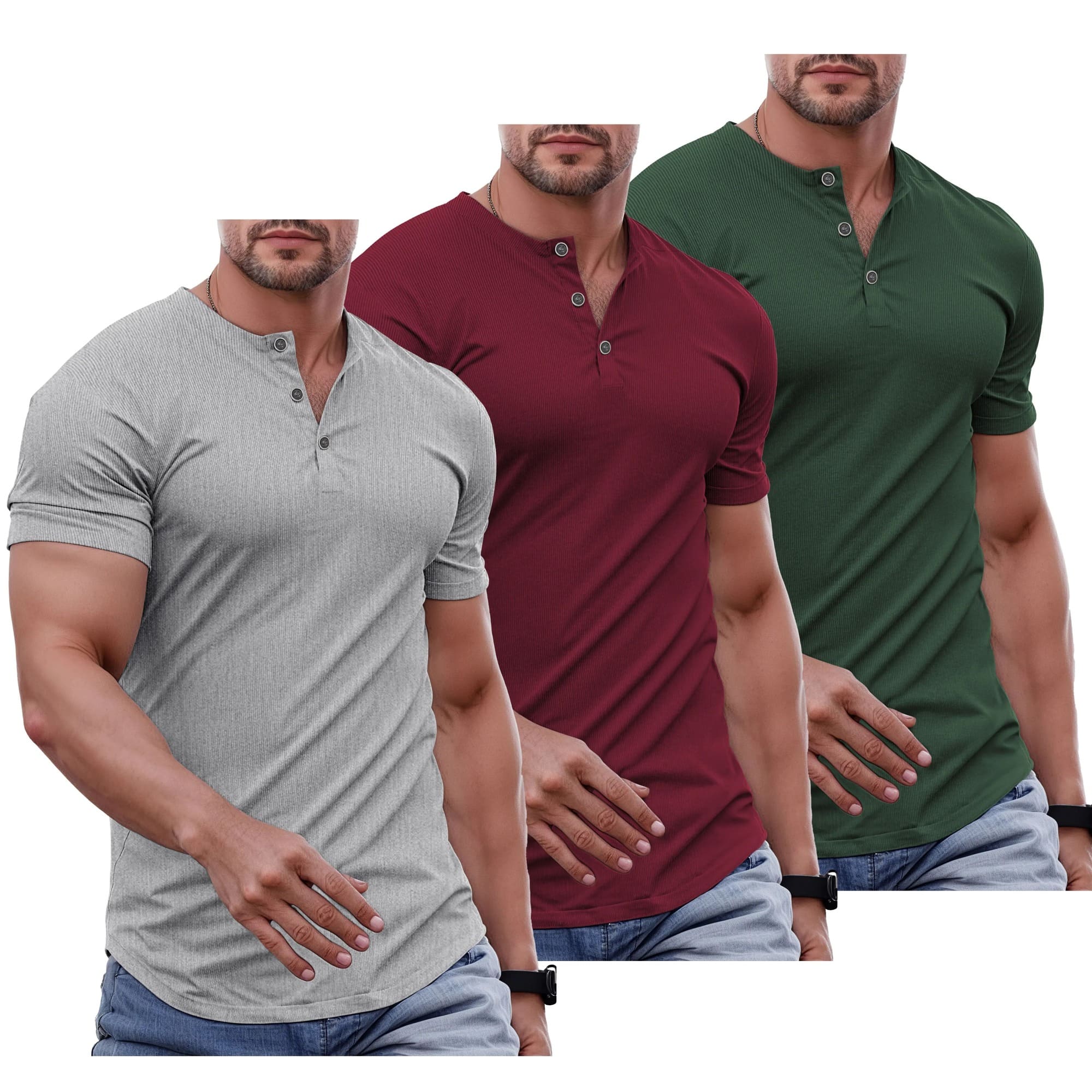Men's Plain Muscle Slim Fitted Henley Shirts Crewneck Longline T-Shirt Gym Workout Athletic Shirt Tees