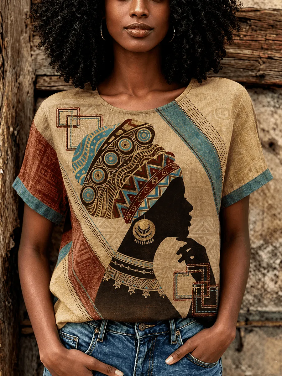 Women's Short-Sleeve T-Shirt with Traditional African-Style Ethnic Print and Crew Neck