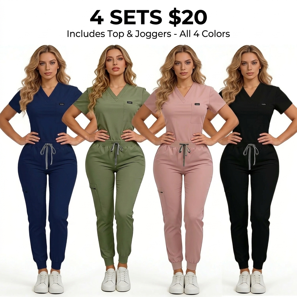 Women's Breathable Medical Scrubs Set – Multi-Pocket Top & Jogger Pants