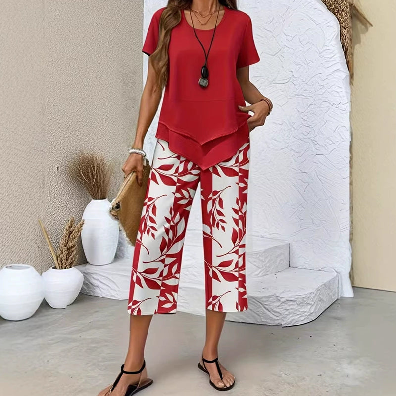 👗LIMITED-TIME 50% OFF! 🍃 Casual 2-Piece Set – Layered Tunic Top & Printed Wide-Leg Pants, Lightweight Polyester 🌸