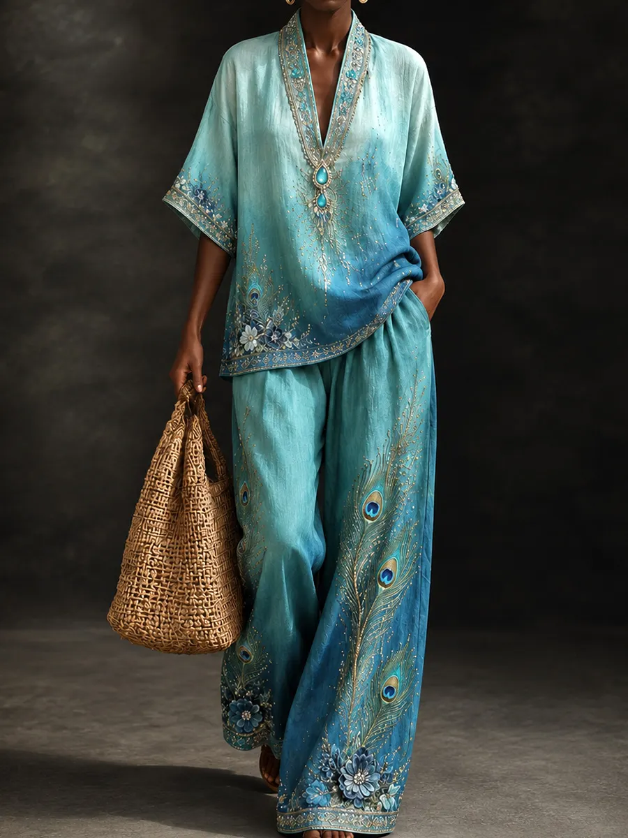 Women's Peacock Feather Print 2-Piece Lounge Set – Boho V-Neck Tunic Top & Wide Leg Pants, Casual Vacation Outfit