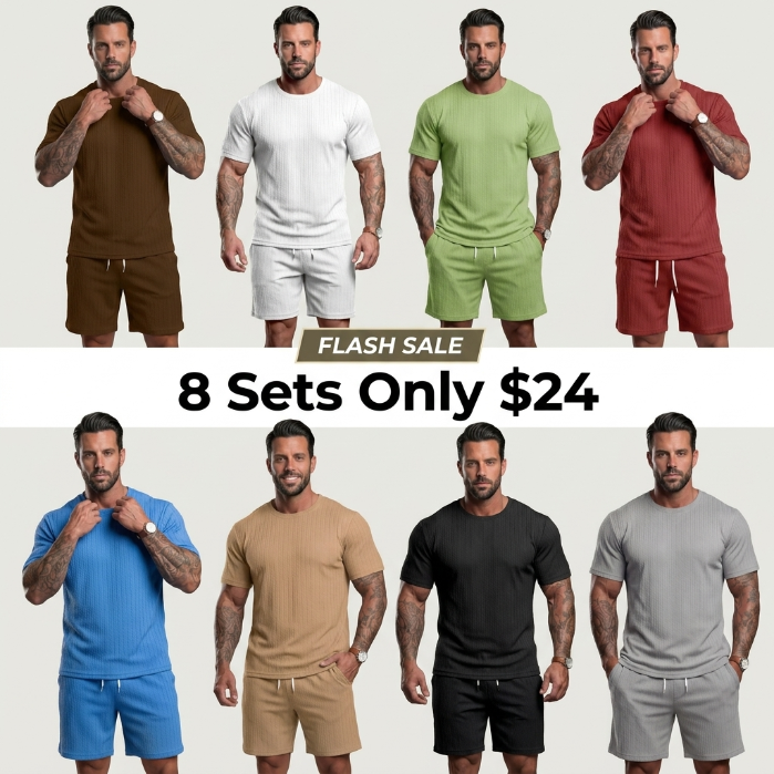 Men's Solid Textured Drop Shoulder Short Sleeve Tee & Drawstring Waist Shorts Set