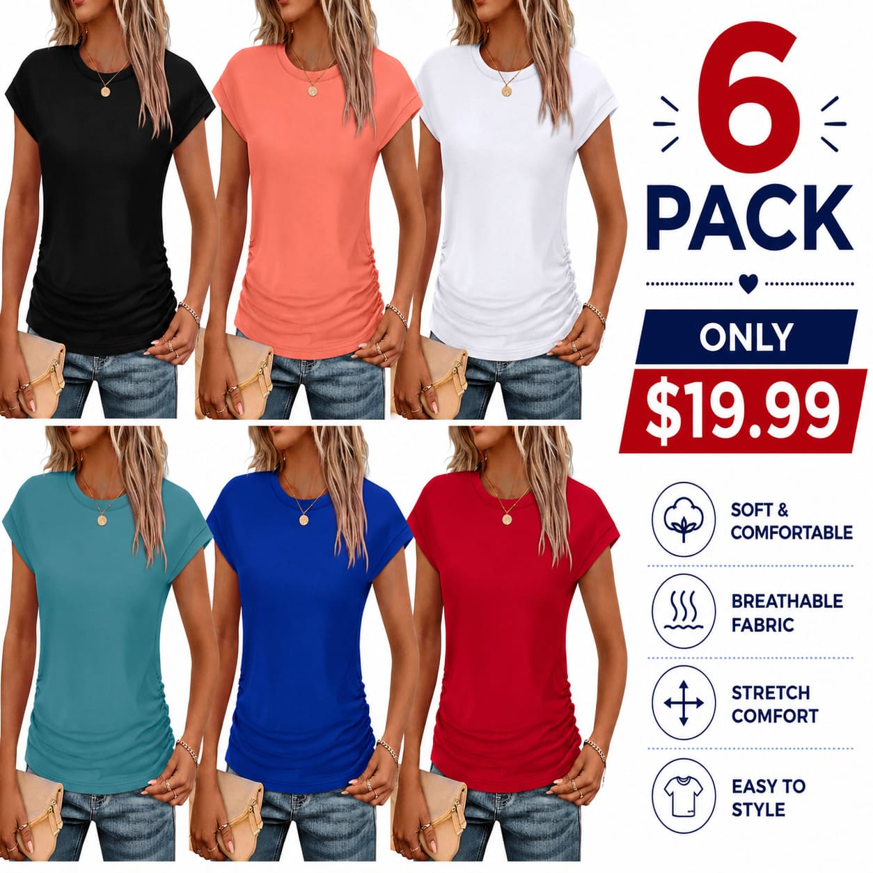 Womens Summer Tops Trendy 2026 Ruched Cap Short Sleeve Tshirts Shirts Crew Neck T Shirts Fashion
