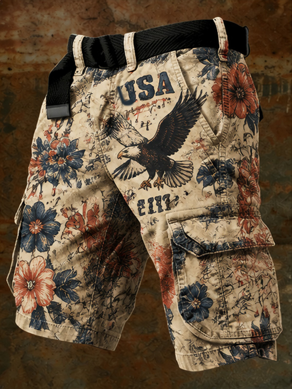 Men's Retro Floral Bald Eagle USA Print Cargo Shorts