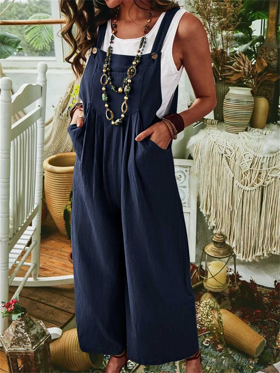 Women's Solid Color Sleeveless Pocket Casual Linen Cotton Bib Wide Leg Jumpsuit