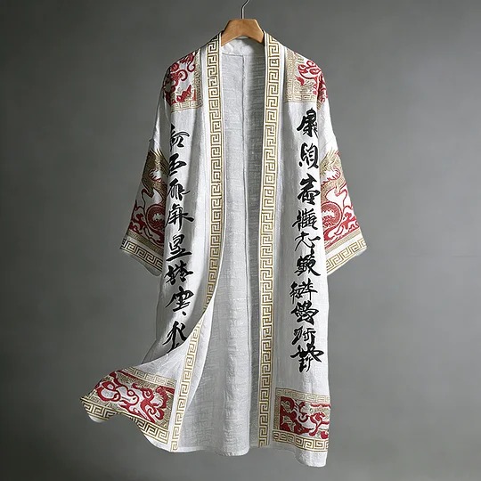 Men's Casual Dragon Pattern Calligraphy And Painting Art Linen Long Kimono