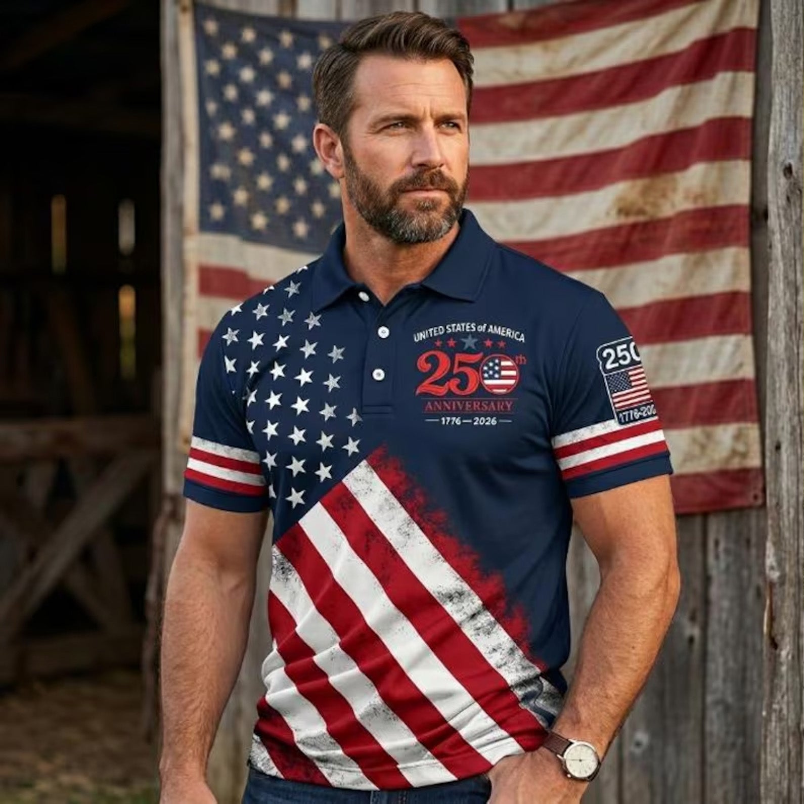 250 Years Patriotic Golf Polo Shirt, USA Flag AOP Polo for Men, 4th of July Independence Day Shirt