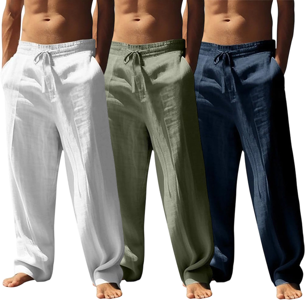 Men’s casual long pants with a loose drawstring waist; lightweight polyester fabric; classic straight leg design; breathable and comfortable; suitable for everyday wear, outdoor travel, vacations, and weekend leisure.