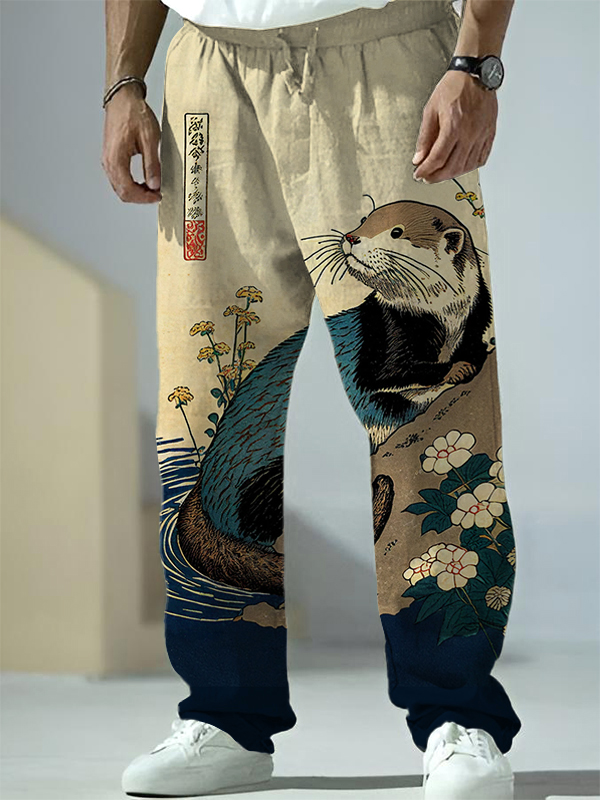 Men's Floral Otter Water Japanese Art Print Casual Pants