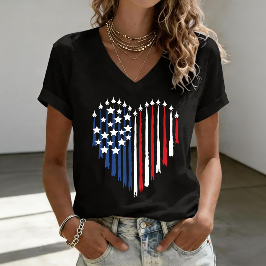 Women's Patriotic Jet Heart Printed Casual T-shirt