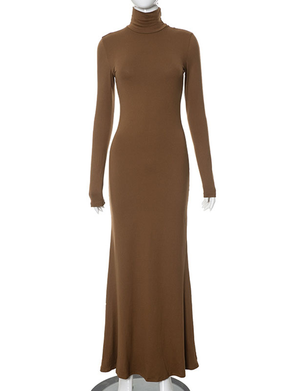 Solid Color Split-Joint Bodycon Long Sleeves High Neck Maxi Dresses