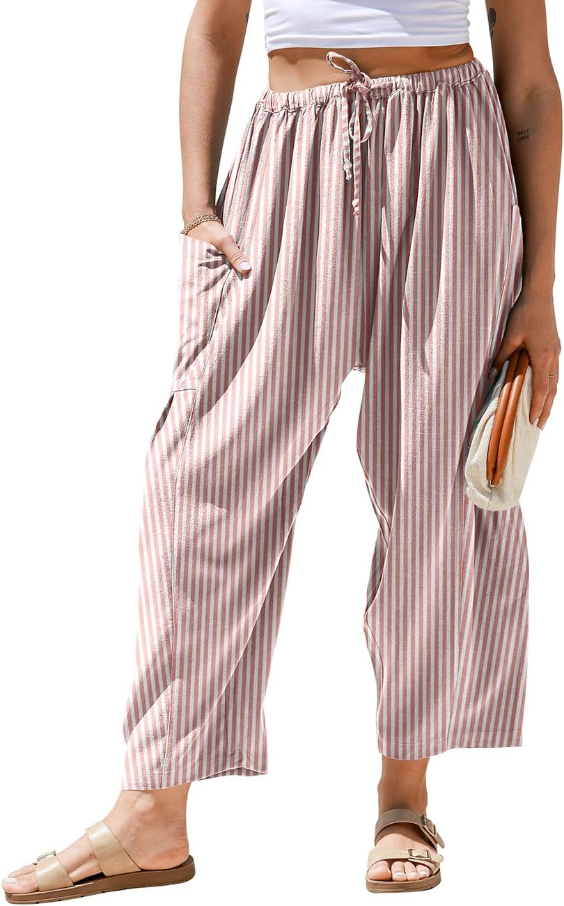 Womens Linen Wide Leg Striped Pants Casual Barrel Loose Drawstring Low Waist Palazzo Harem Pants with Pockets