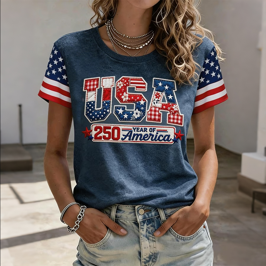 Women'S Casual Floral 250Th Anniversary Celebration Printed Round Neck T-Shirt In The United States
