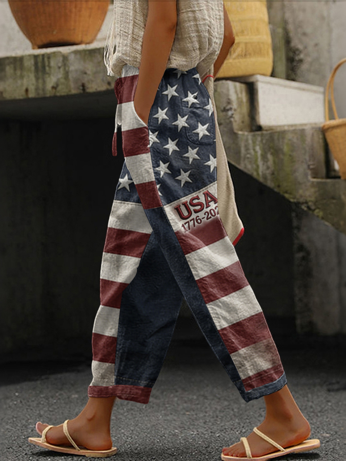 Women'S American Flag Independence Day Celebration Printed Cotton And Hemp Casual Pants