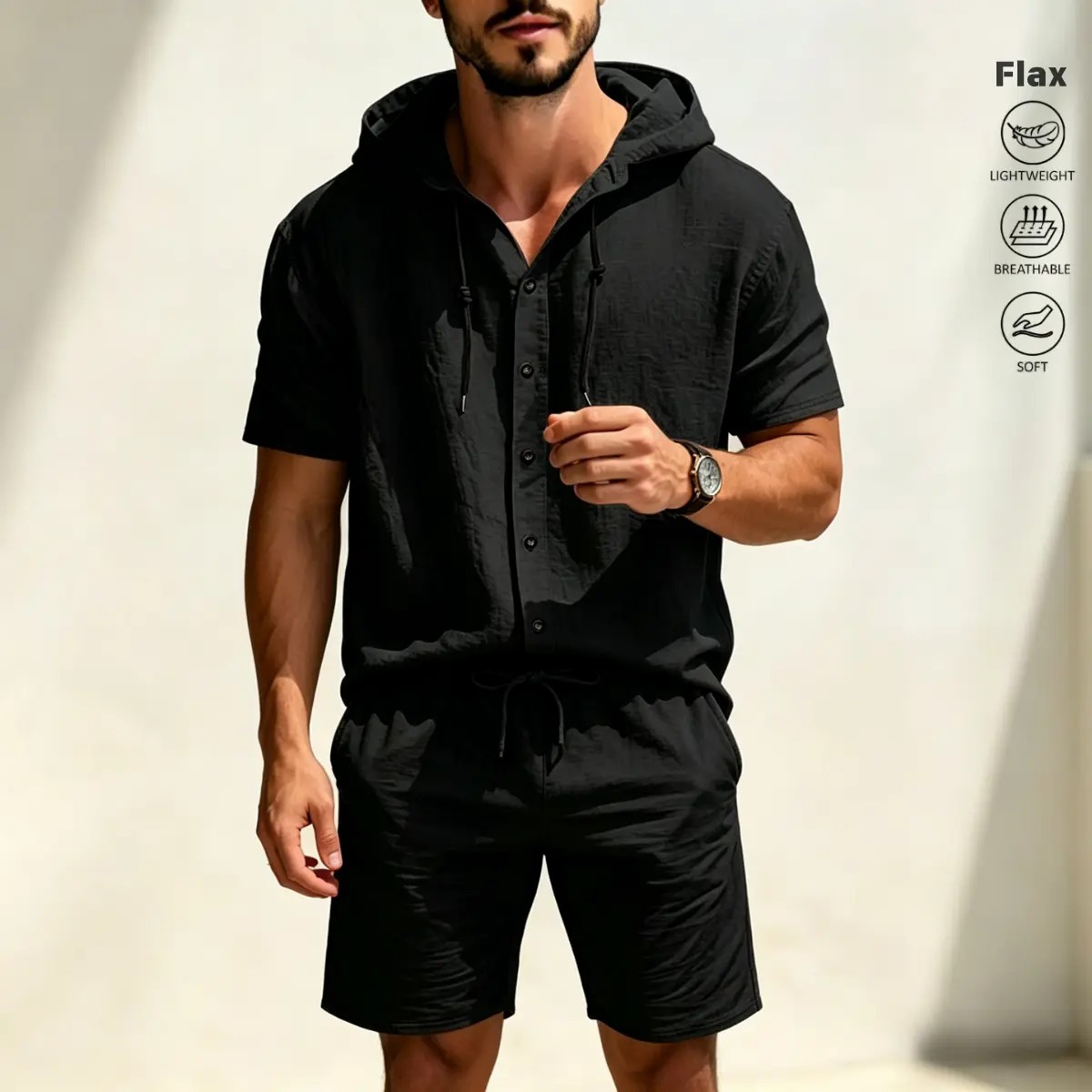 Men's Linen 2-Piece Summer Set – Hooded Henley Top & Matching Shorts, Casual Versatile Outfit
