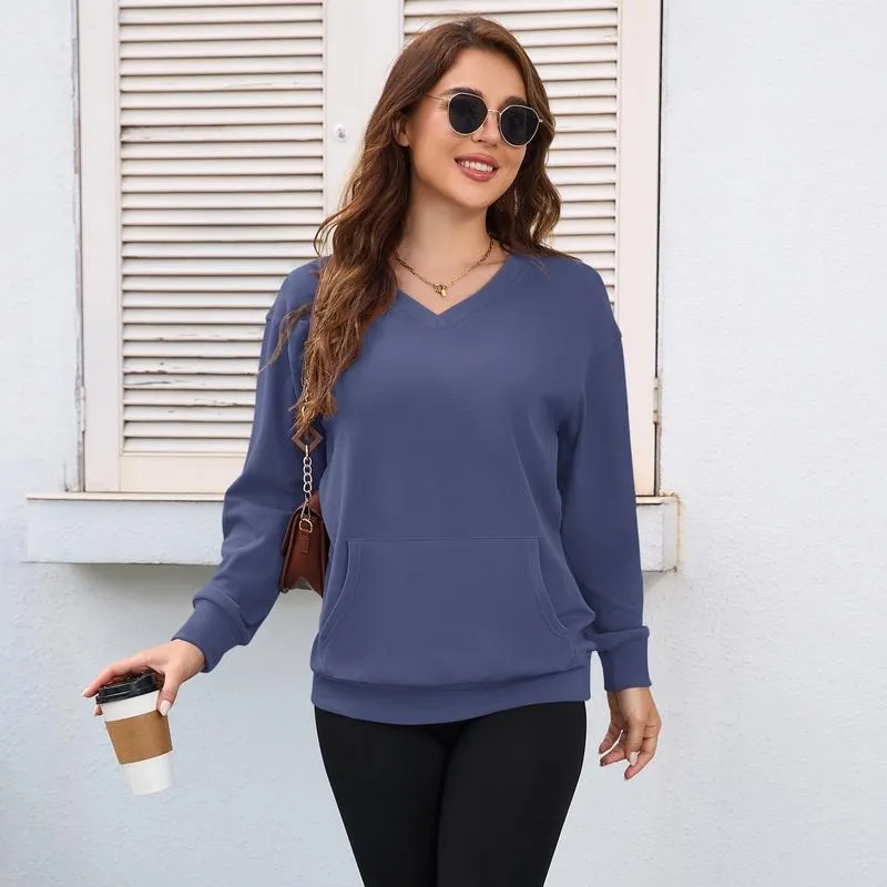 Women's hoodless V-neck fleece long-sleeved shirt with kangaroo pocket