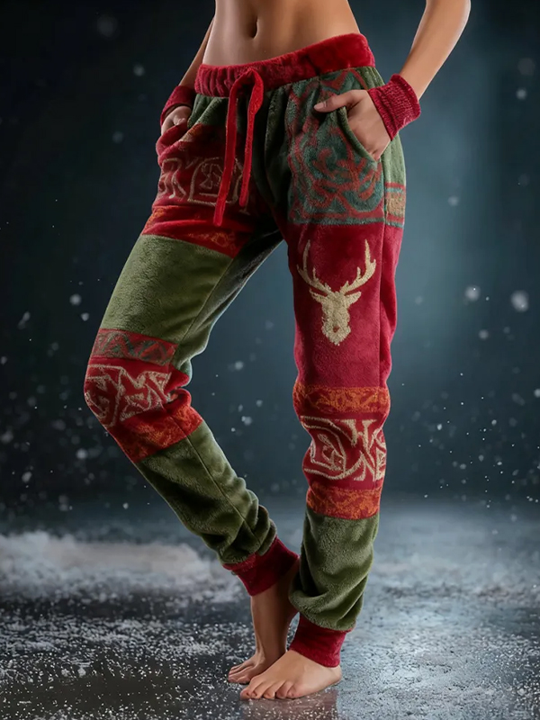 Women's Viking Pattern Reindeer Colorblock Print Joggers Sweatpants