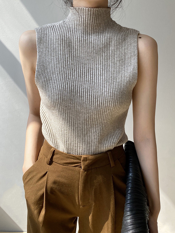 Solid Color Skinny Sleeveless High-Neck Vest Top Knitwear