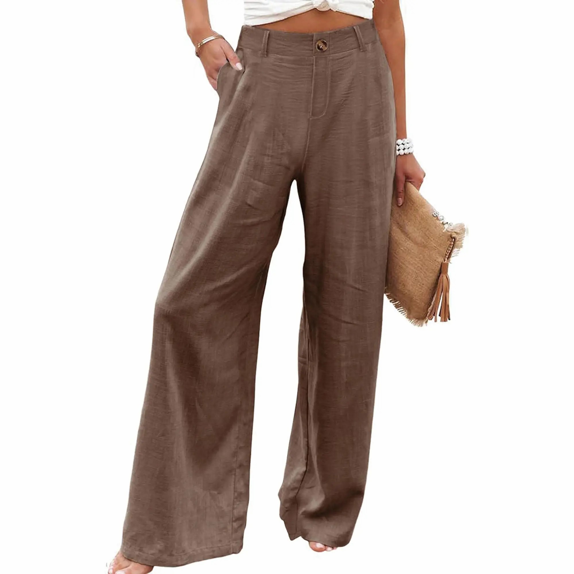 Women's High Waisted Wide Leg Linen Pants – Casual Button Up Cotton Trousers