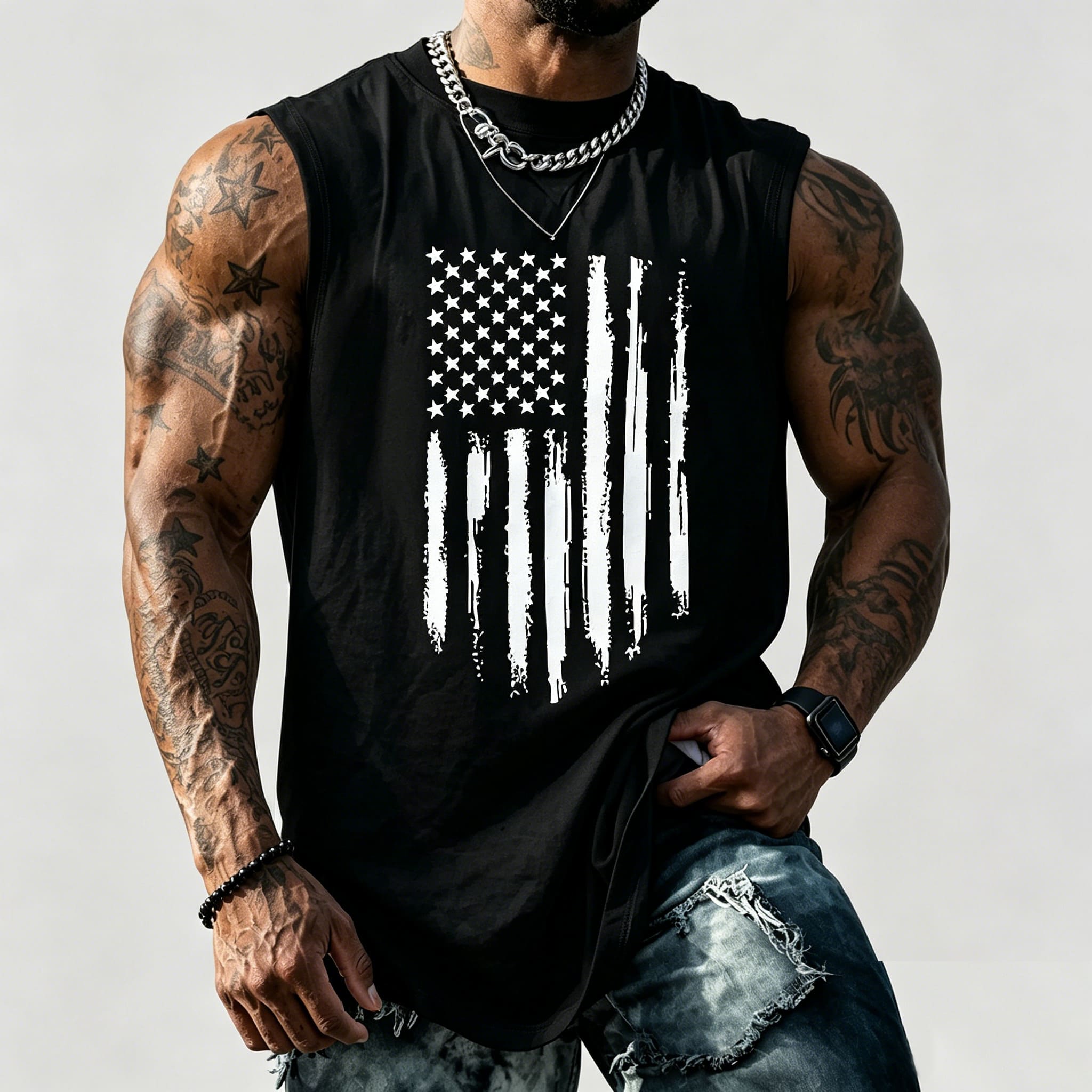 Men's American Flag Graphic Print Crew Neck Fitted Tank Top Vest