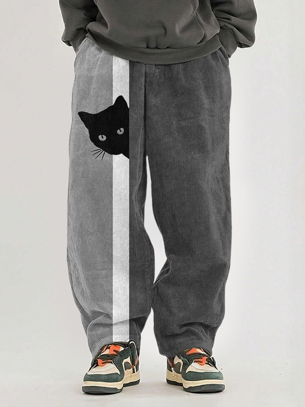 Men's Fun Hide And Seek Black Cat Print Casual Pants