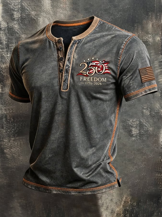 Men's Vintage Independence Day Patriot Henley T-Shirt