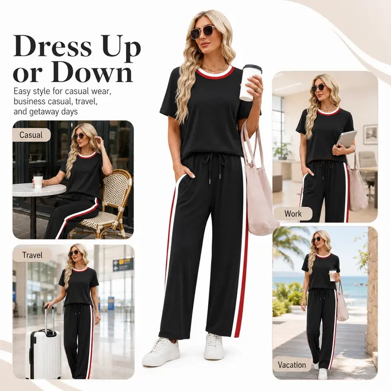 2 Piece Lounge Sets for Women Matching Set Summer Outfits Short Sleeve Tops Wide Leg Pants with Pockets