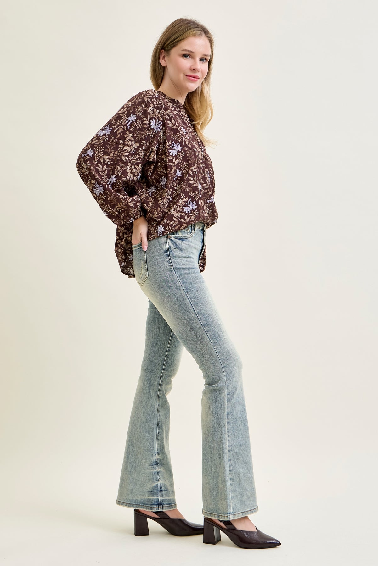 Megan Mid Rise Tinted Pin Tack Detail Flare Jeans