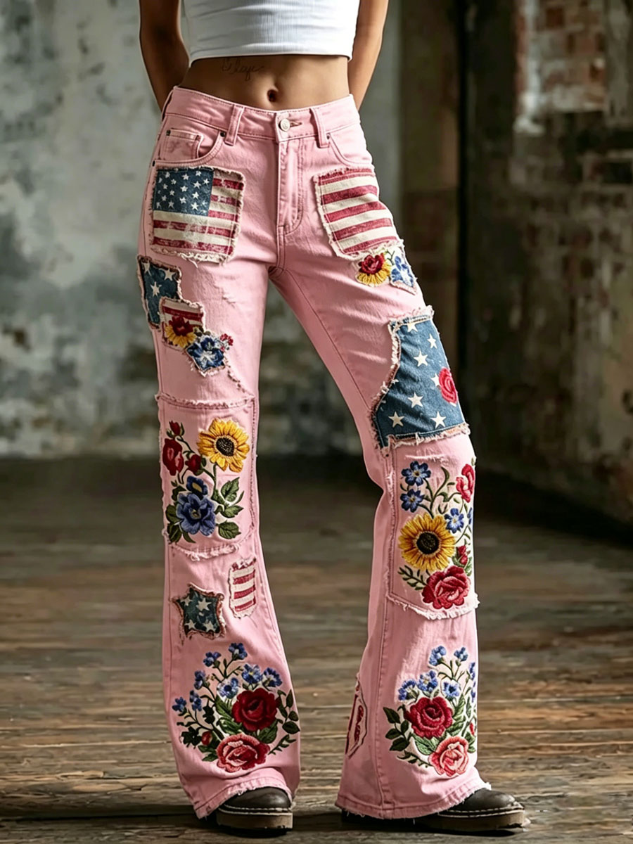Women'S Retro Flower 250Th Anniversary Commemorative Casual Jeans