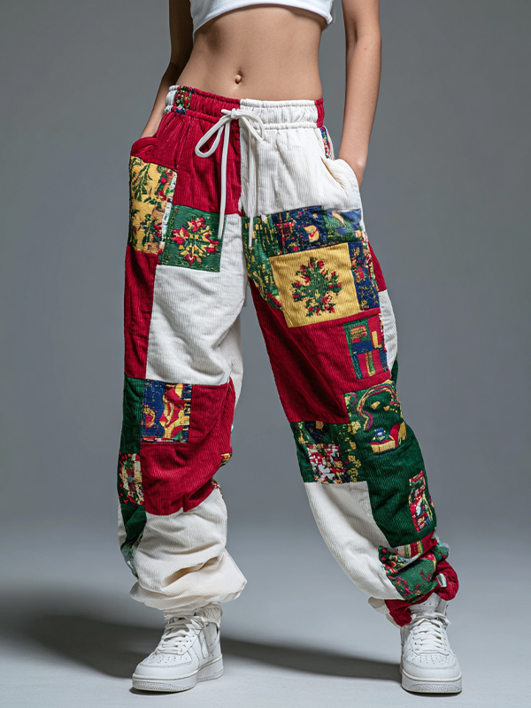 Women's Christmas Patchwork Patterns Art Print Loose Fit Sweatpants