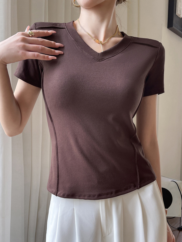 Solid Color Split-Joint Short Sleeves Skinny V-Neck T-Shirts