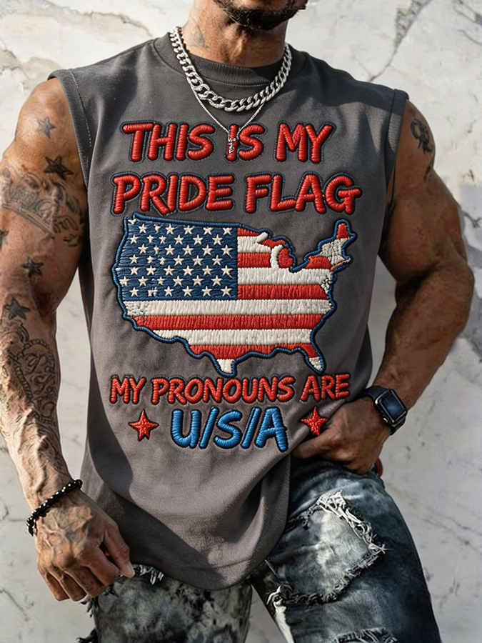 Men's This Is My Pride Flag My Pronouns Are USA Embroidered Sleeveless Tank Top