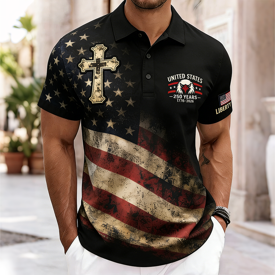 Men'S Casual Cross American Pentagram Flag Gradient Personalized Printed Polo Shirt