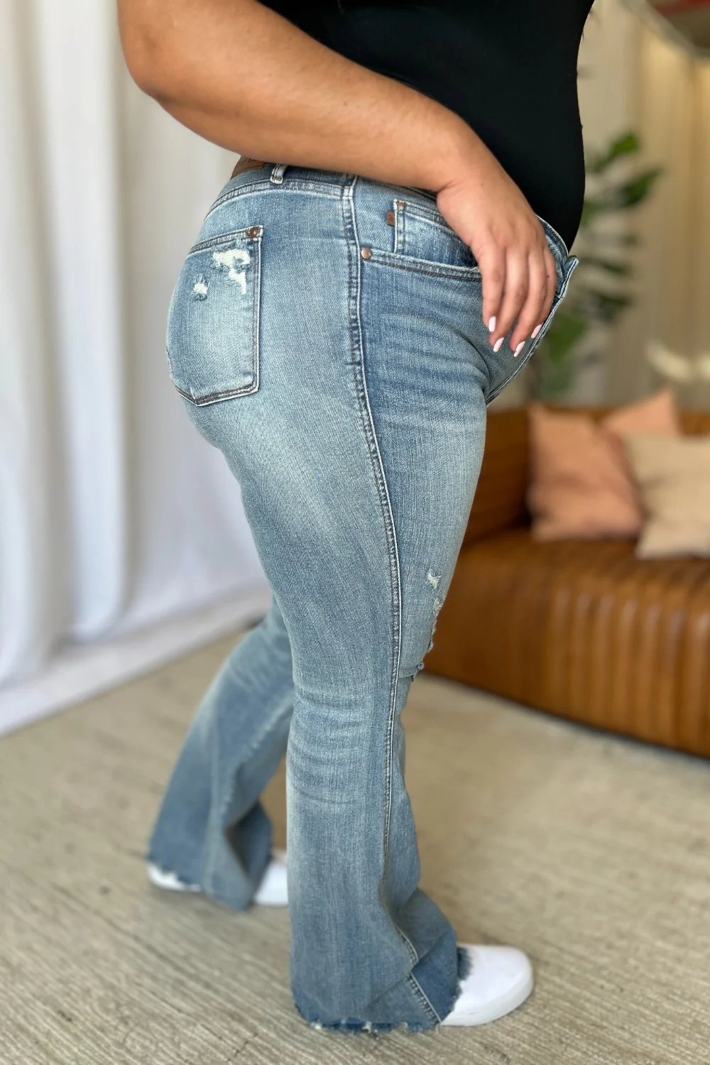 Blue Full Size Medium Rise Tummy Control Destroy Flare