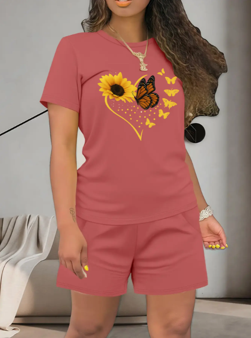 Women's Summer Casual Top & Shorts Set. Fitted Thin Lightweight Fabric Clothing