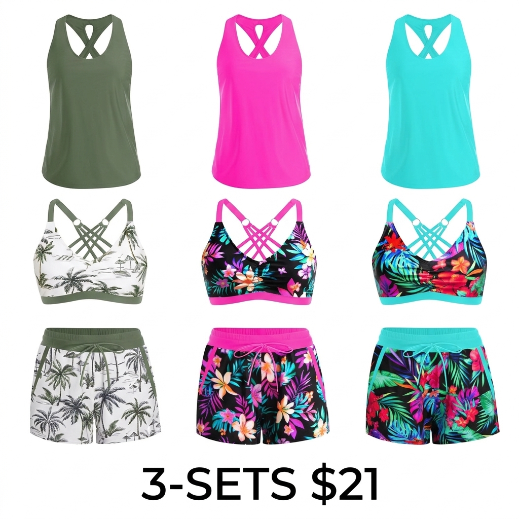 Women's 3-Piece Tankini with Swim Shorts – Modest Athletic Bathing Suit with Pockets