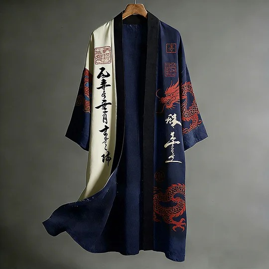Retro Japanese Dragon Art Flowing Black And Red Contrasting Linen Long Kimono