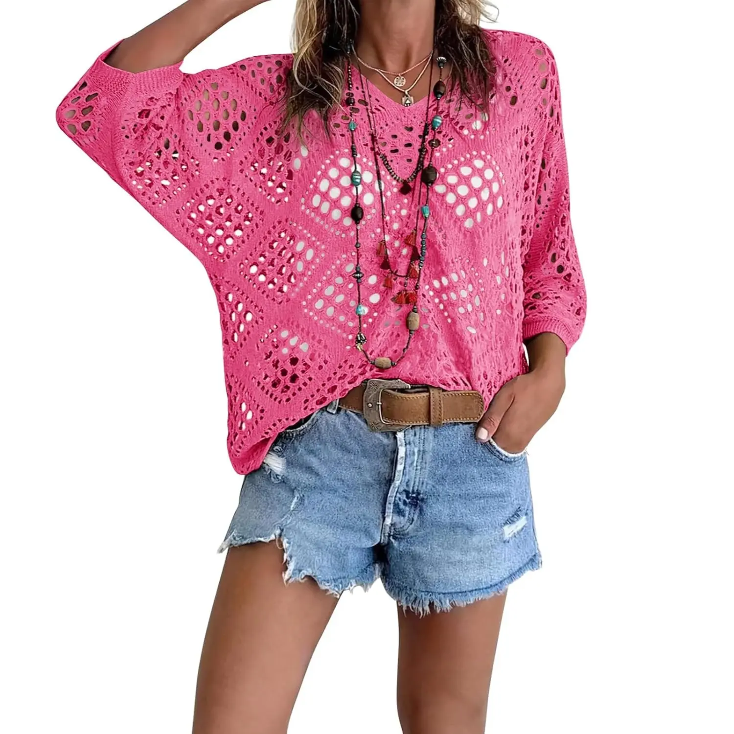 Women's Bohemian-Inspired Beige Crochet Top with V-Neck