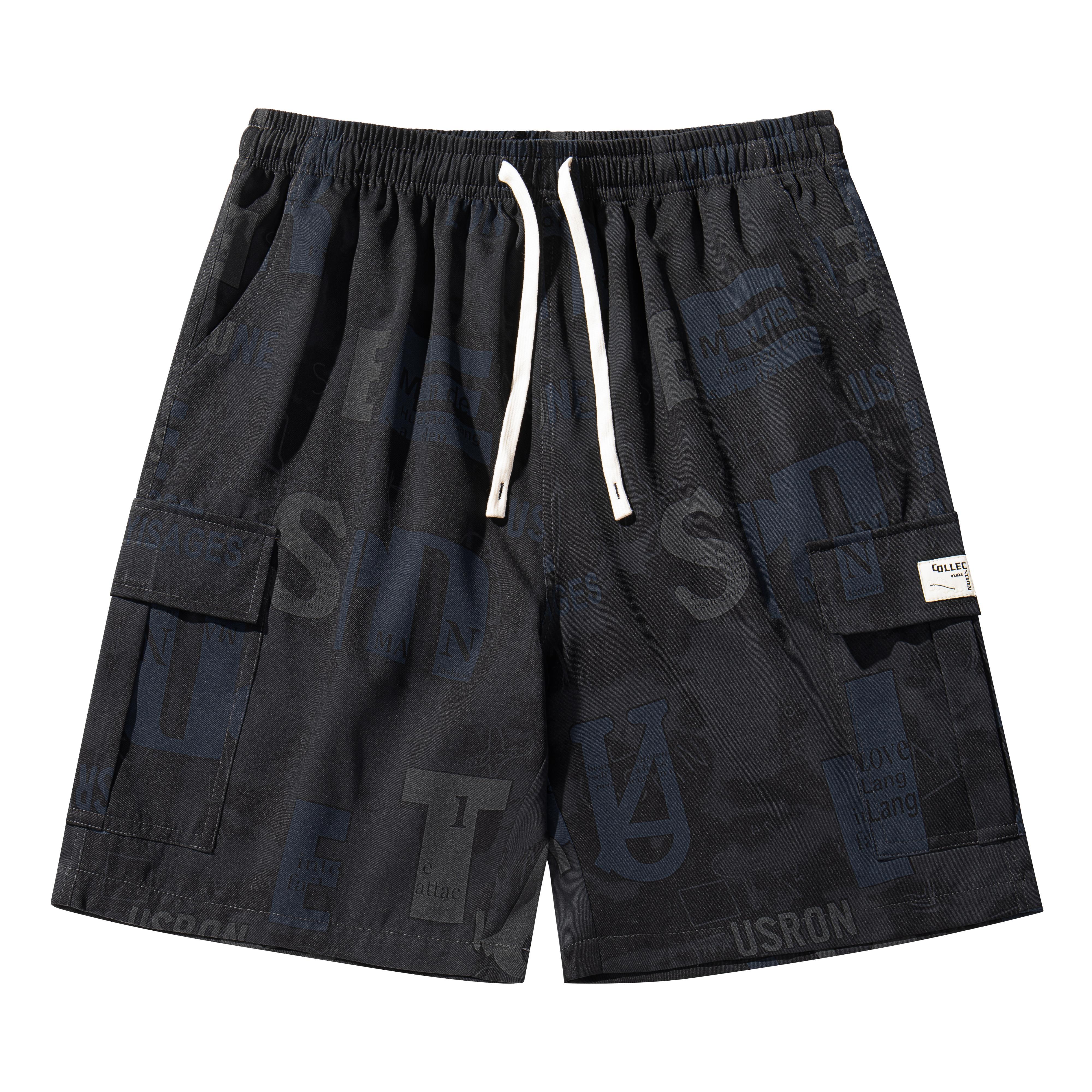 Men’s summer shorts with letter print, drawstring, and multiple pockets