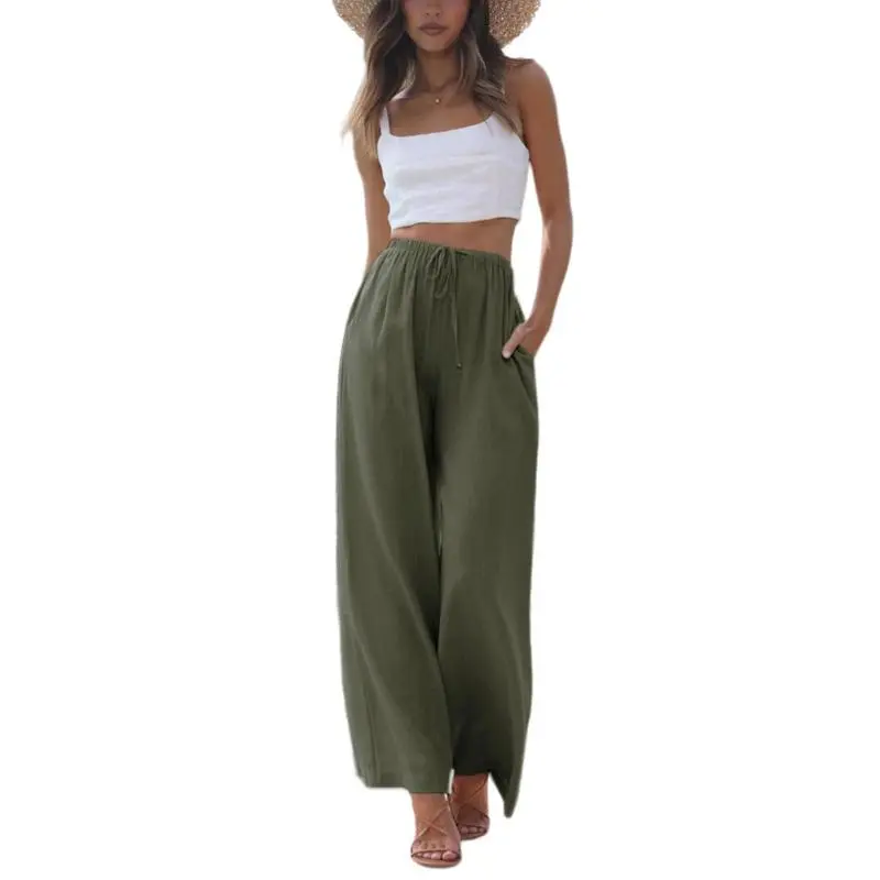 Women's Cotton Linen Summer Palazzo Pants Flowy Wide Leg Beach Trousers with Pockets Casual Womenswear