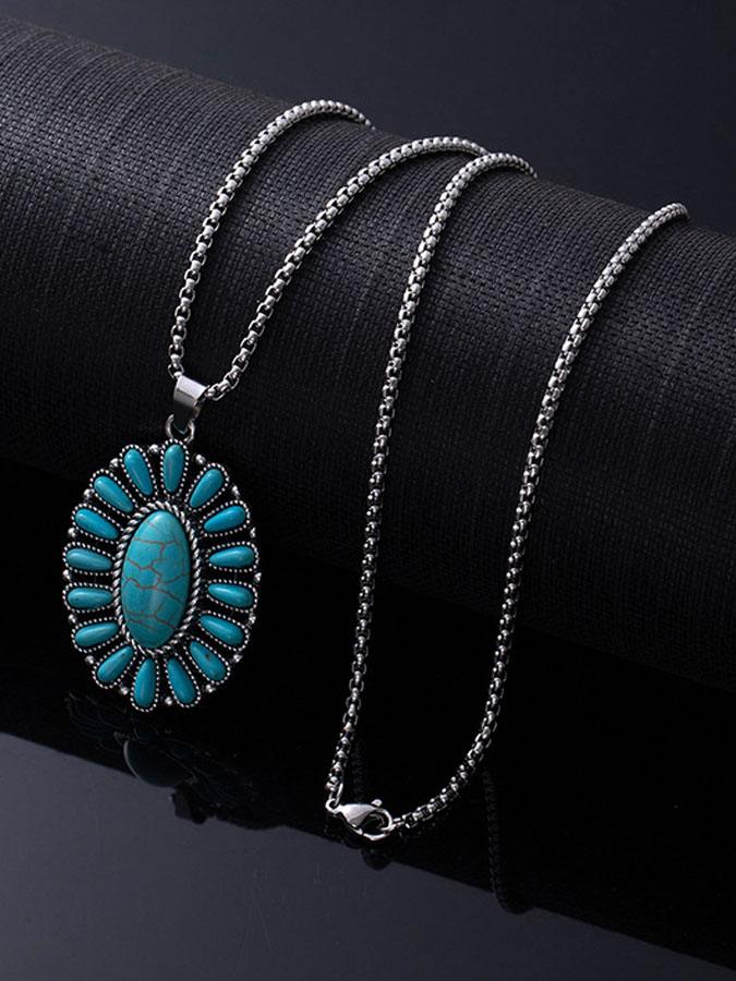 Unisex Retro Western Faith Natural Turquoise Versatile Titanium Steel Chain Bohemian Ethnic Style Necklace