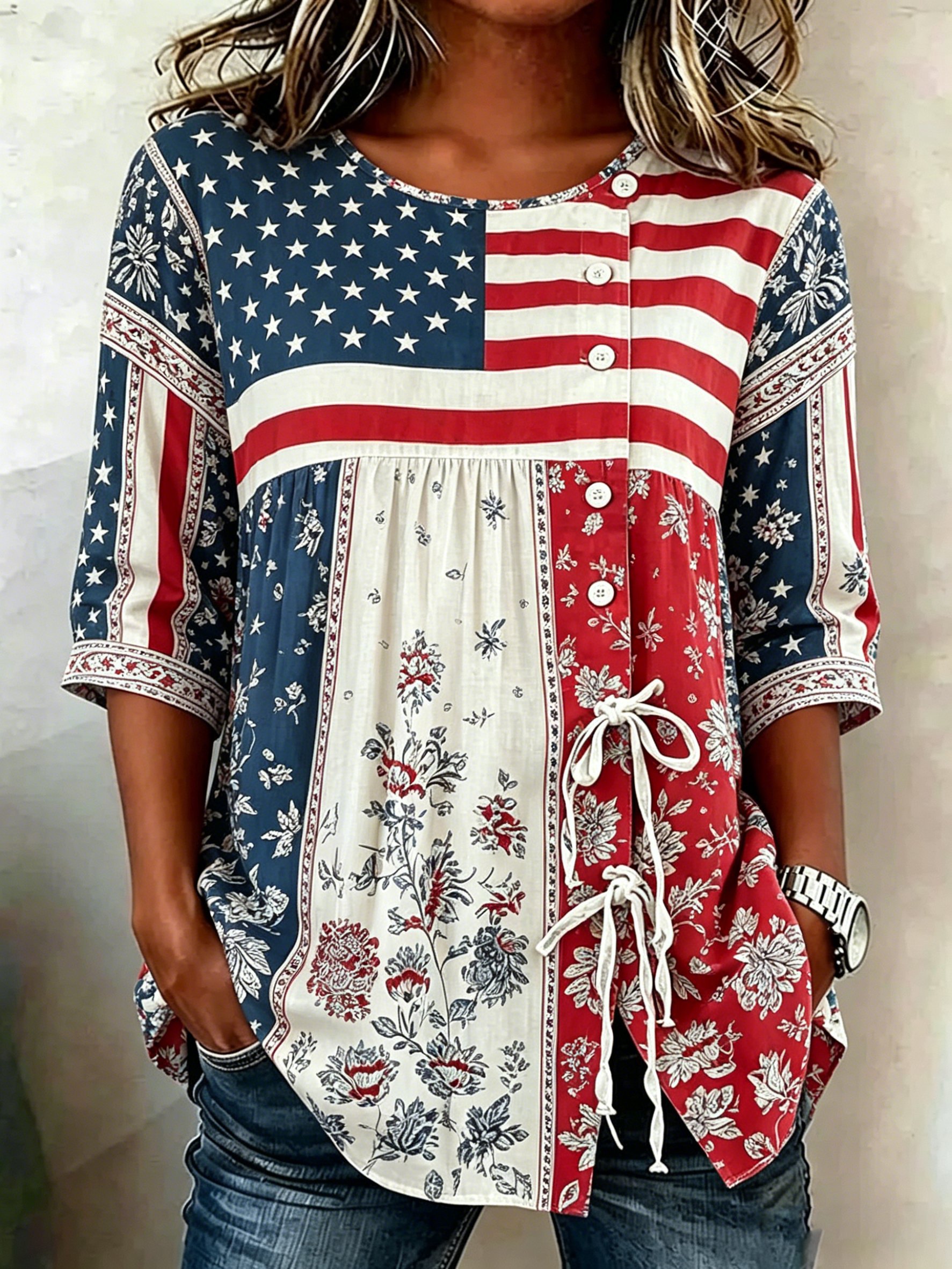 Women's Cotton Linen Floral Floral 250th Anniversary Digital Print Top